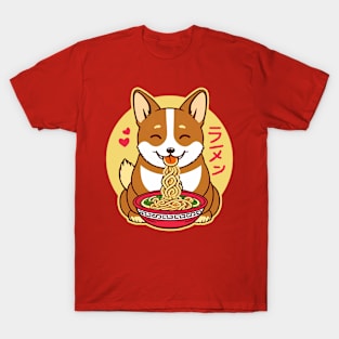 Welsh Corgi Eating Ramen Cute Kawaii Noodles T-Shirt